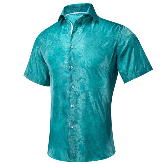 Teal Green Paisley Silk Men's Short Sleeve Shirt - CY - 1461 - SimonVon Shop