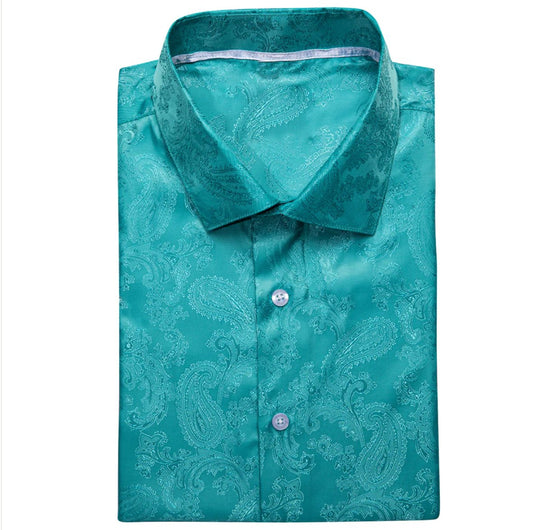 Teal Green Paisley Silk Men's Short Sleeve Shirt - CY - 1461 - SimonVon Shop