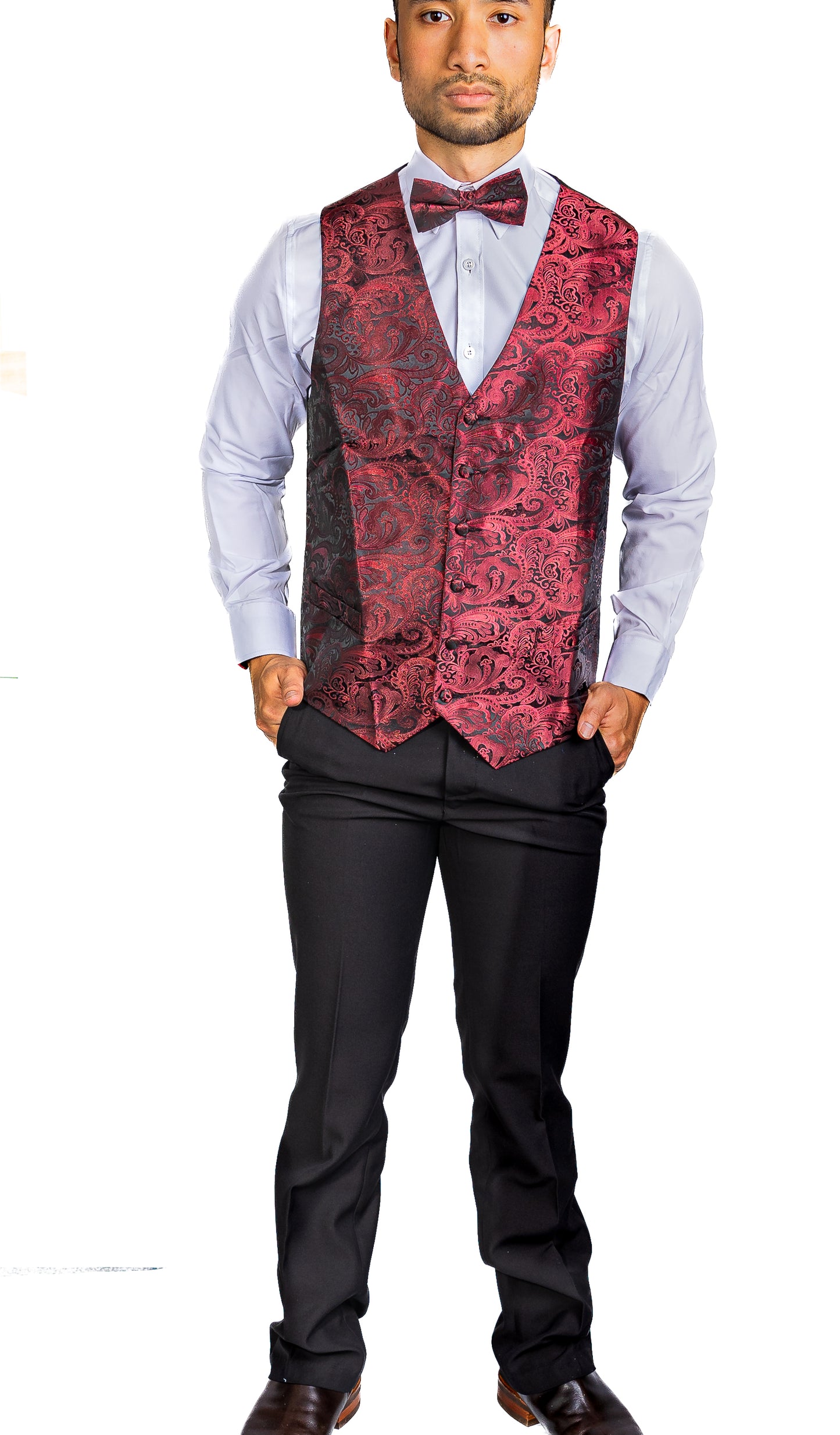 CLARET PAISLEY JACQUARD WAISTCOAT VEST BOWTIE HANDKERCHIEF CUFFLINKS SET- MJ-0179