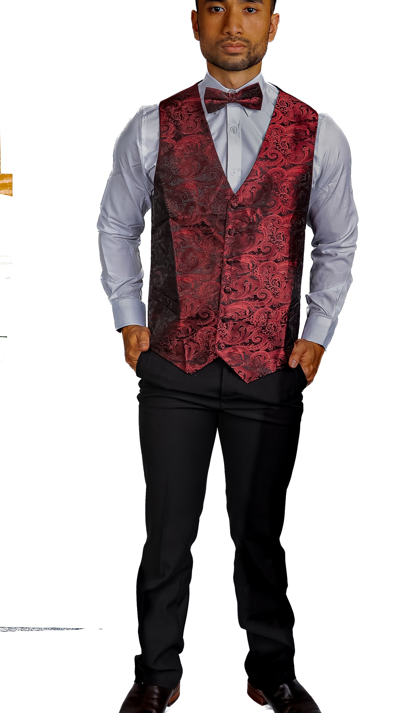 CLARET PAISLEY JACQUARD WAISTCOAT VEST BOWTIE HANDKERCHIEF CUFFLINKS SET- MJ-0179