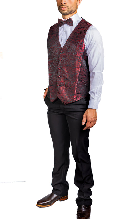 CLARET PAISLEY JACQUARD WAISTCOAT VEST BOWTIE HANDKERCHIEF CUFFLINKS SET- MJ-0179