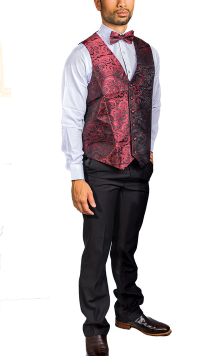 CLARET PAISLEY JACQUARD WAISTCOAT VEST BOWTIE HANDKERCHIEF CUFFLINKS SET- MJ-0179