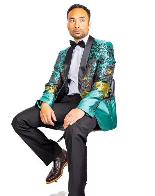 Men's Dress Party Blue Brown Floral Suit Jacket Slim One Button Stylish Blazer-XX-0041