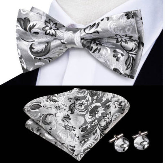 White Grey Floral Silk Pre - tied Bow Tie Hanky Cufflinks Set - LH - 2522 - SimonVon Shop