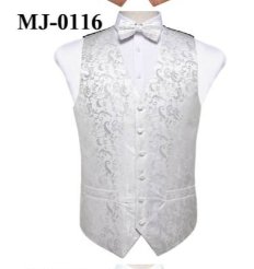 White Paisley Jacquard Silk Men's 4pc Waistcoat Vest Necktie Pocket Square Cufflinks Set - SimonVon Shop