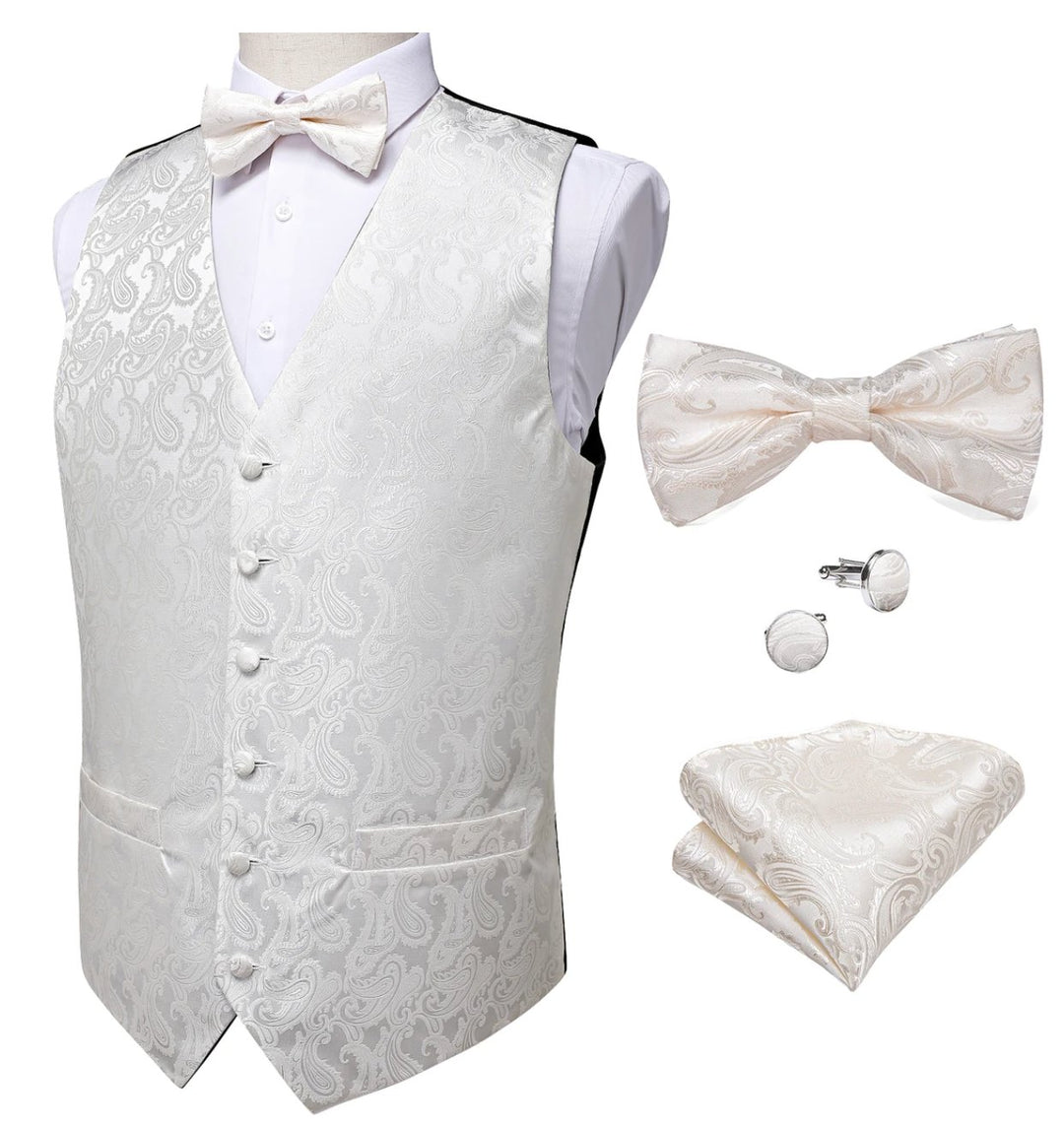White Paisley Jacquard Silk Men's 4pc Waistcoat Vest Necktie Pocket Square Cufflinks Set - SimonVon Shop