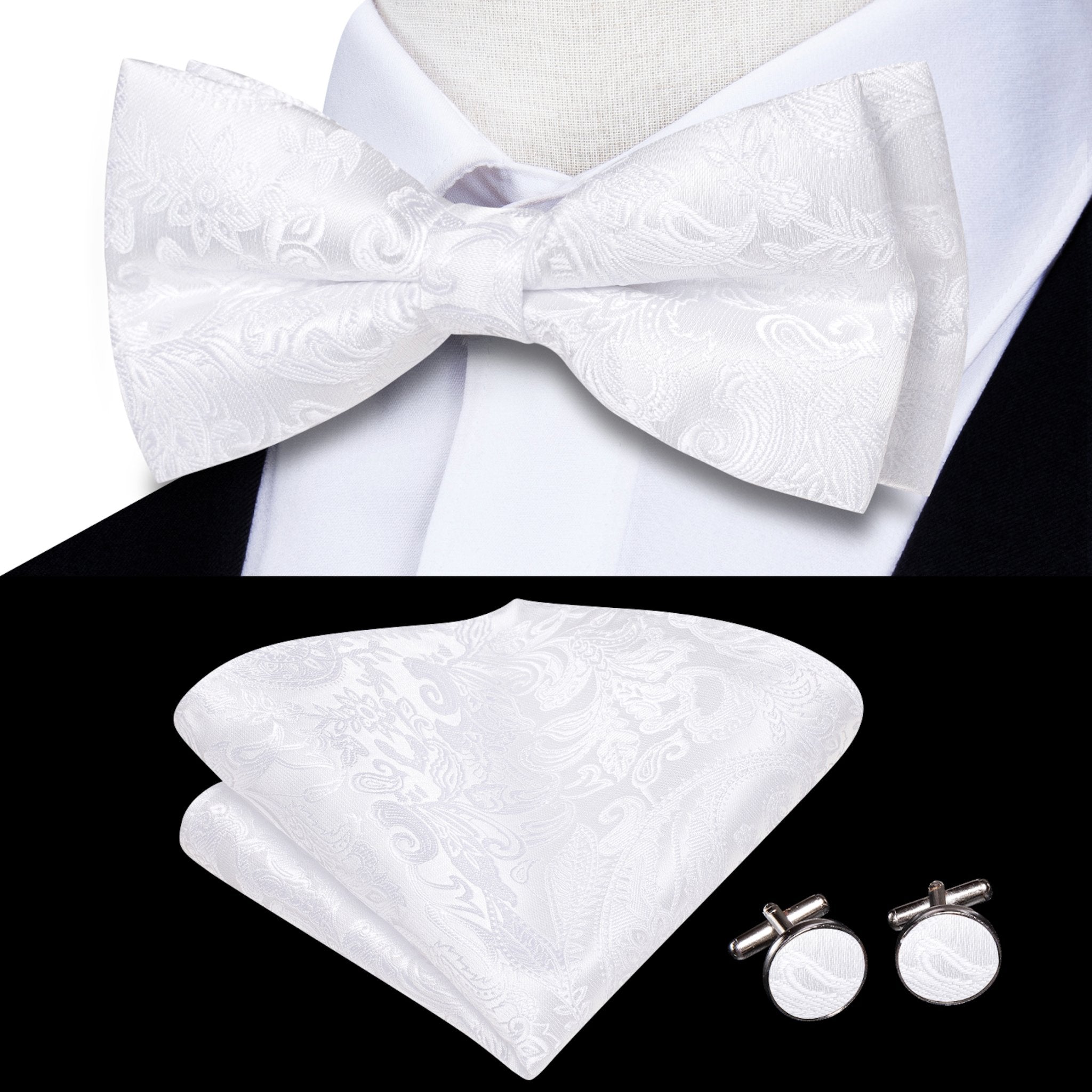 White Paisley Silk Bowtie Pocket Square Cufflinks Set- LH-0581 - SimonVon Shop