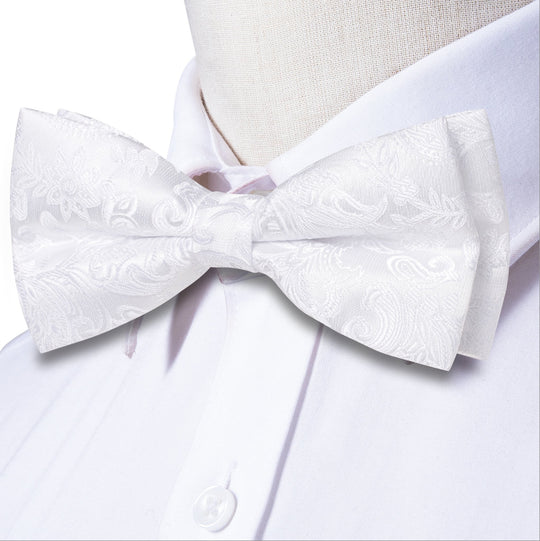 White Paisley Silk Bowtie Pocket Square Cufflinks Set - LH - 0581 - SimonVon Shop