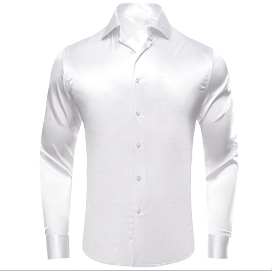 White Solid Satin Men's Long Sleeve Dress Shirt - CY - 1642 - SimonVon Shop