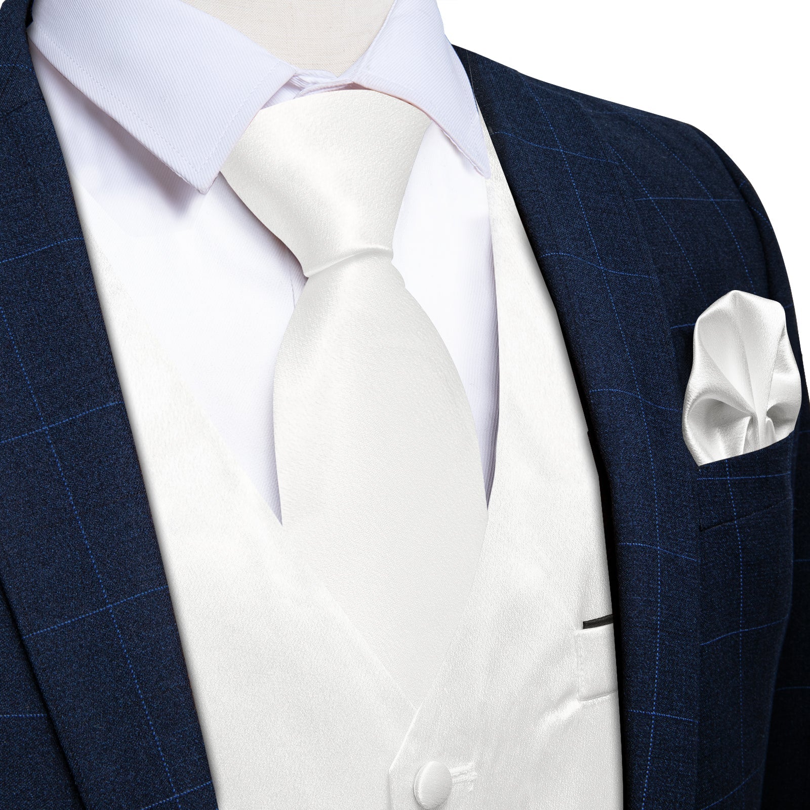 White Solid Satin Waistcoat Vest Tie Handkerchief Cufflinks Set- MJ-0627 - SimonVon Shop