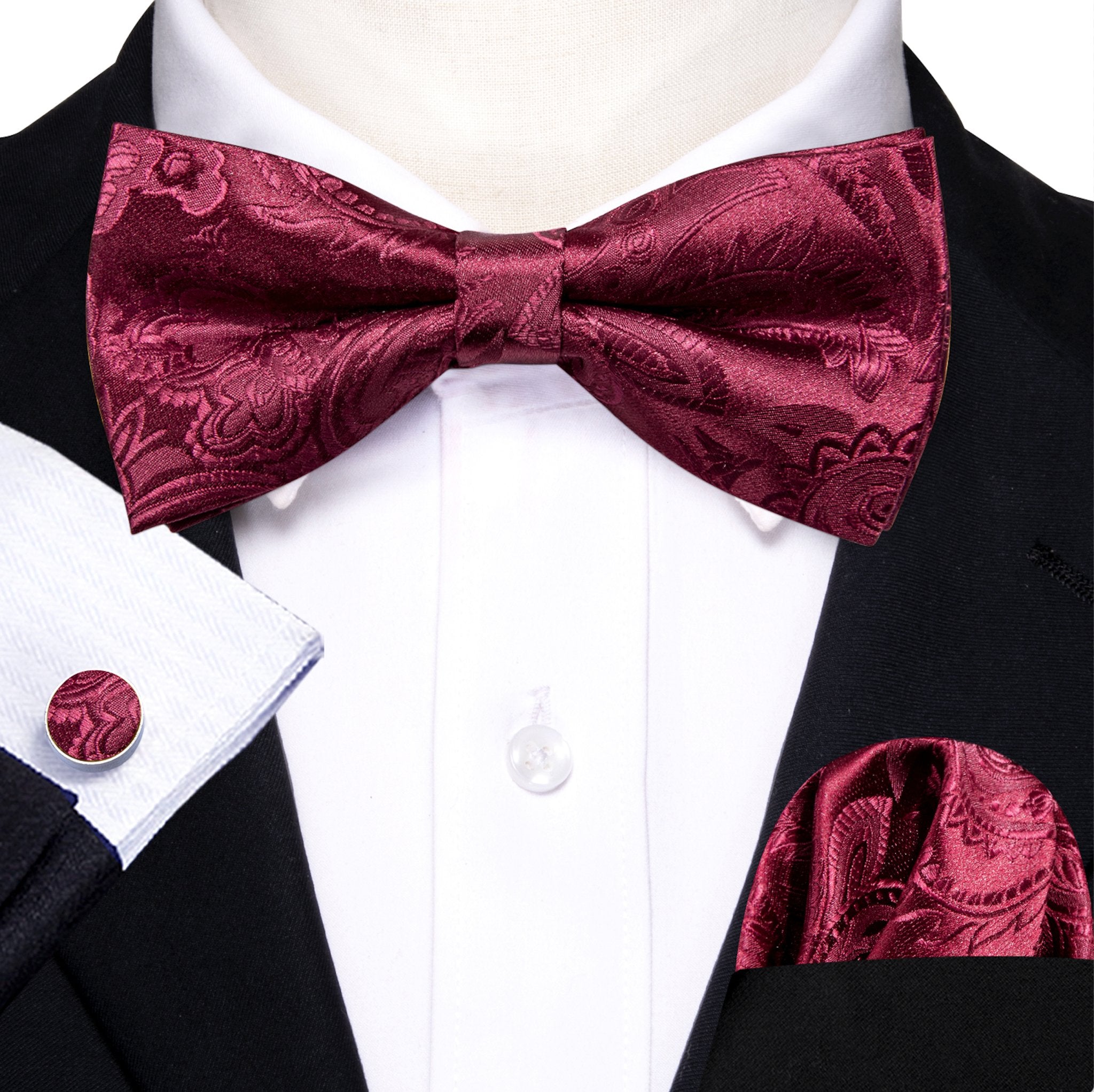WINE RED PAISLEY BOWTIE POCKET SQUARE CUFFLINKS SET-LH-0959 - SimonVon Shop