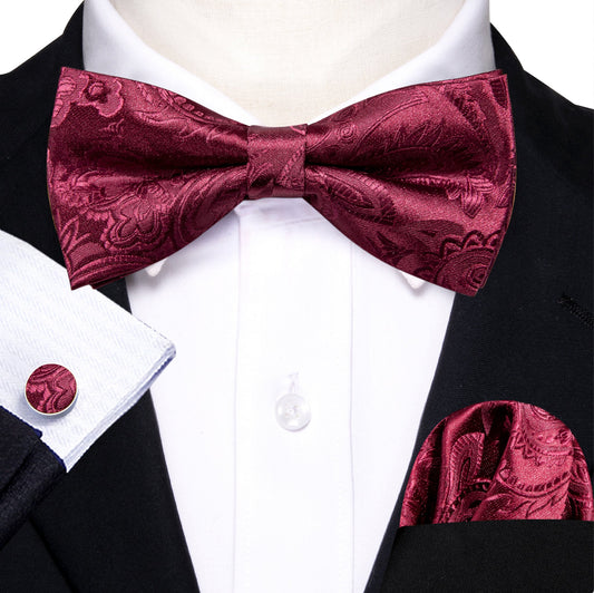 WINE RED PAISLEY BOWTIE POCKET SQUARE CUFFLINKS SET - LH - 0959 - SimonVon Shop