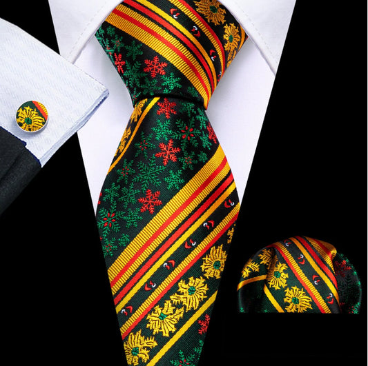 Yellow Green Snowflake Floral Silk Tie Handkerchief Cufflinks Set - N - 6542 - SimonVon Shop