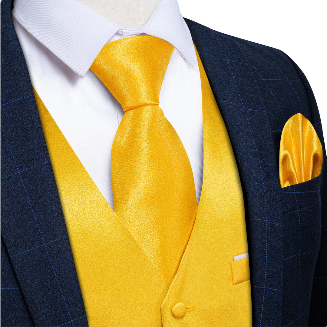 Yellow Solid Satin Waistcoat Vest Tie Handkerchief Cufflinks Set - MJ - 0632 - SimonVon Shop